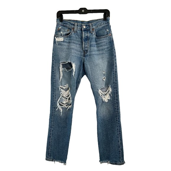 Levi's Denim - Levi's Premium 501 Distressed Straight Leg Button Fly Raw Hem Light Wash Jeans